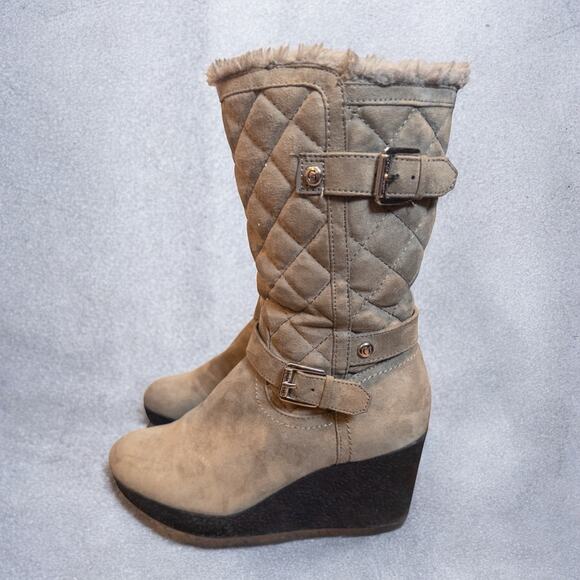 Vintage Y2K Guess Quilted Faux Suede Wedge Faux Fur Lined Buckle Wedge Boots 6 - Picture 3 of 10